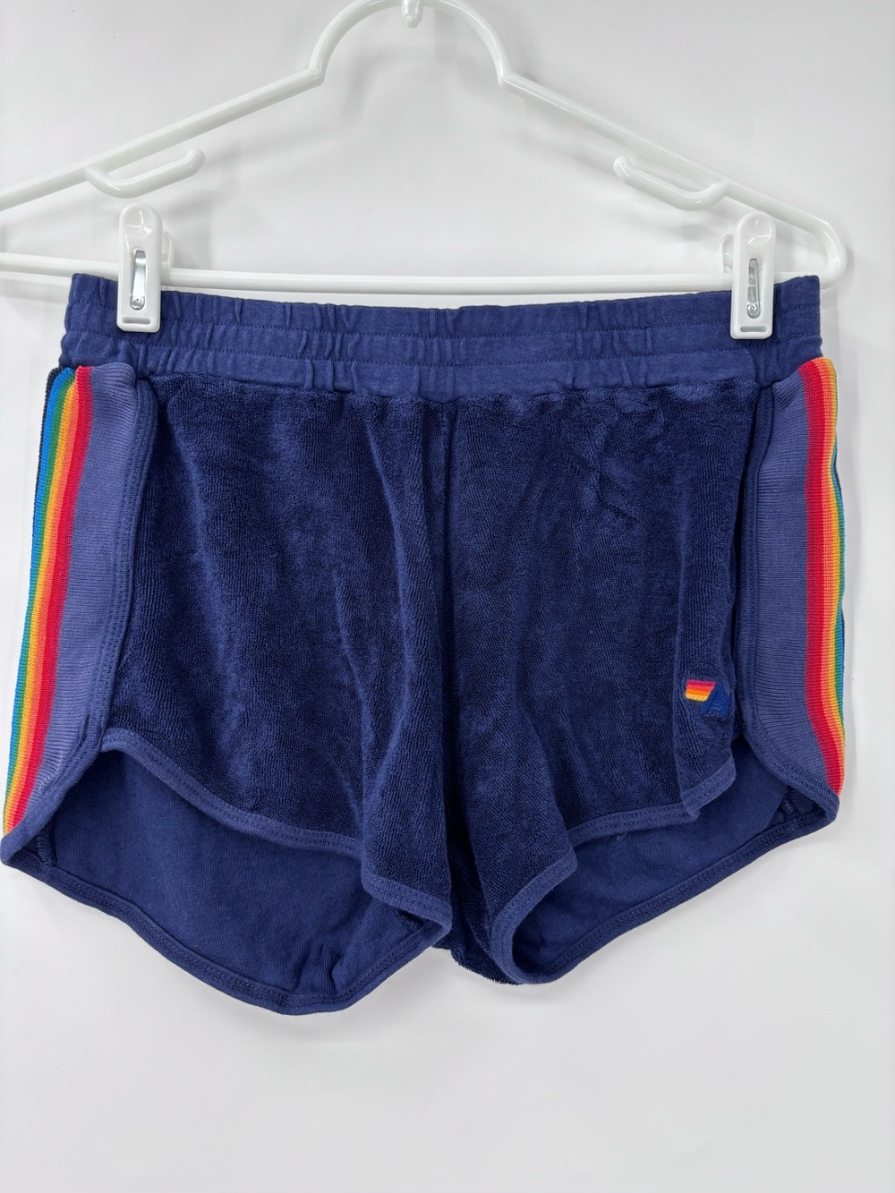 Aviator Nation Navy Terry Shorts with Rainbow Side Stripes